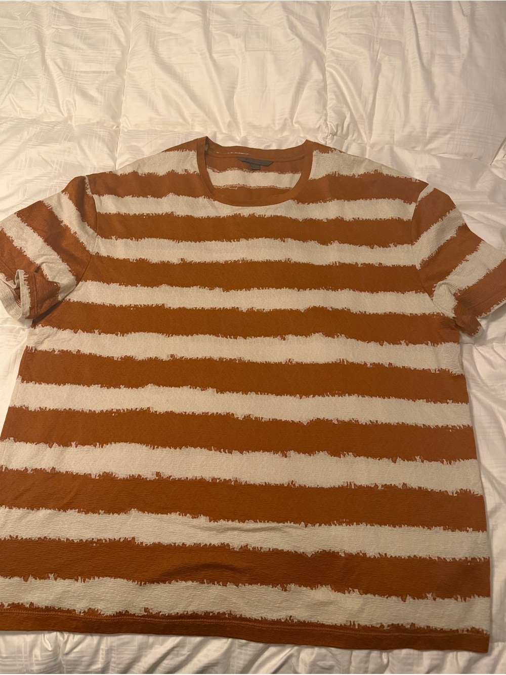 John Varvatos Burnt Orange & Cream Striped Textured Short Sleeve Tee | Size L